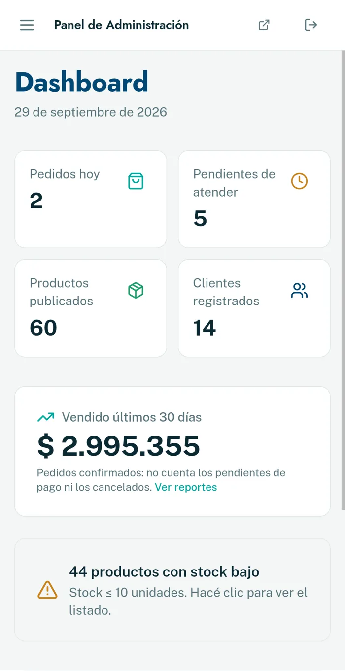 Panel en el celular: pedidos de hoy, pendientes de atender, productos publicados, clientes registrados y lo vendido en los últimos 30 días.