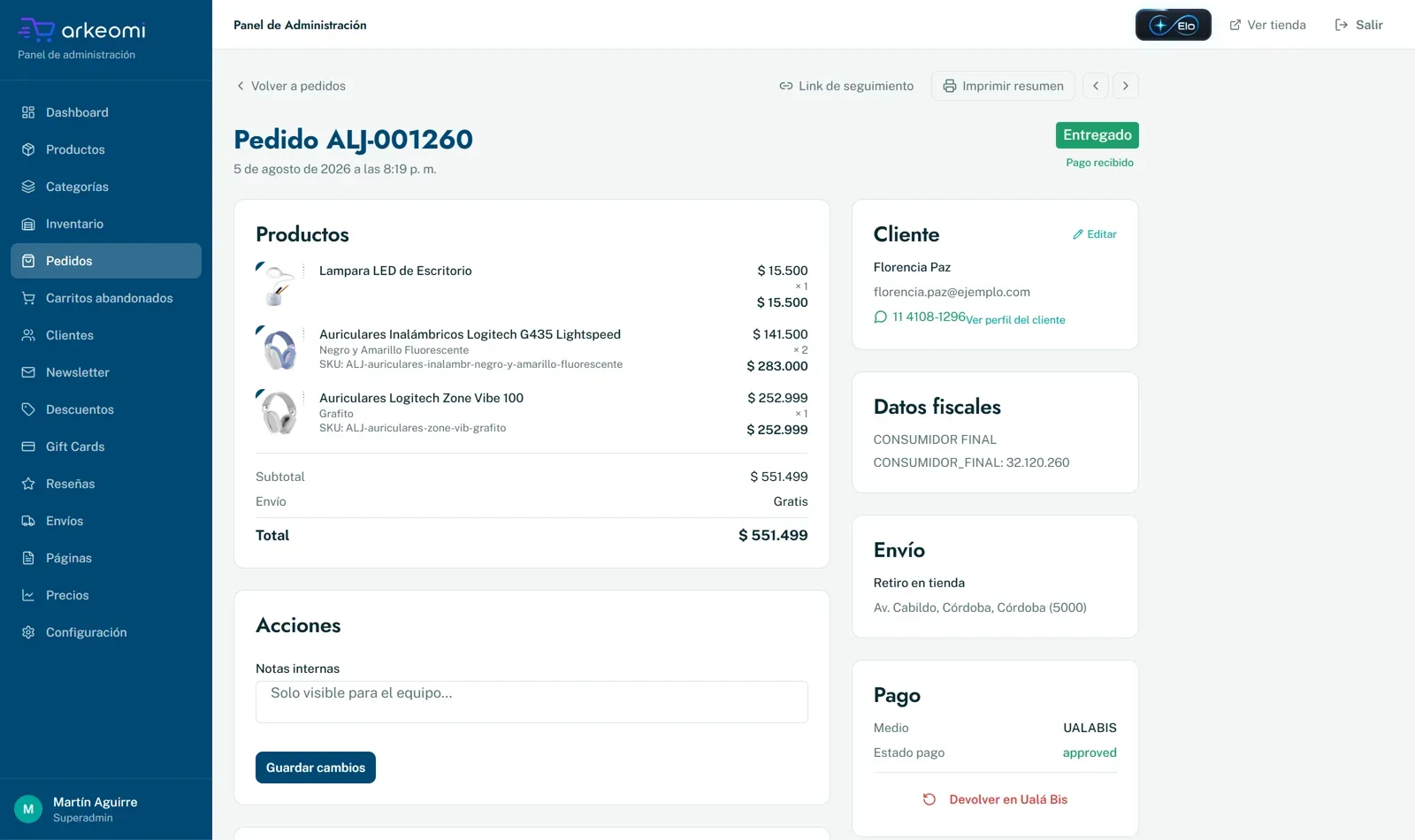 Detalle del pedido ALJ-001260 en el panel: productos y total, estado Entregado con pago recibido, datos del cliente, datos fiscales, envío y el pago aprobado.