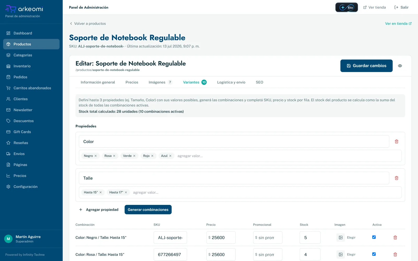 Edición de variantes en el panel: propiedades Color y Talle con sus valores, botón Generar combinaciones y una tabla con SKU, precio, precio promocional, stock e imagen por combinación.