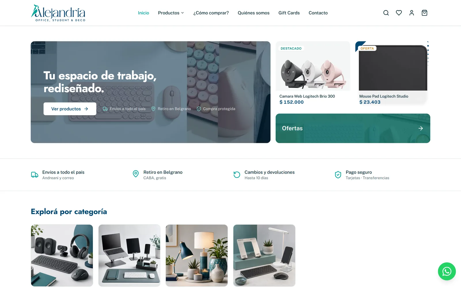 Vidriera de Alejandría: portada con productos destacados, acceso a ofertas y los beneficios de envío a todo el país, retiro en Belgrano, cambios y pago seguro.