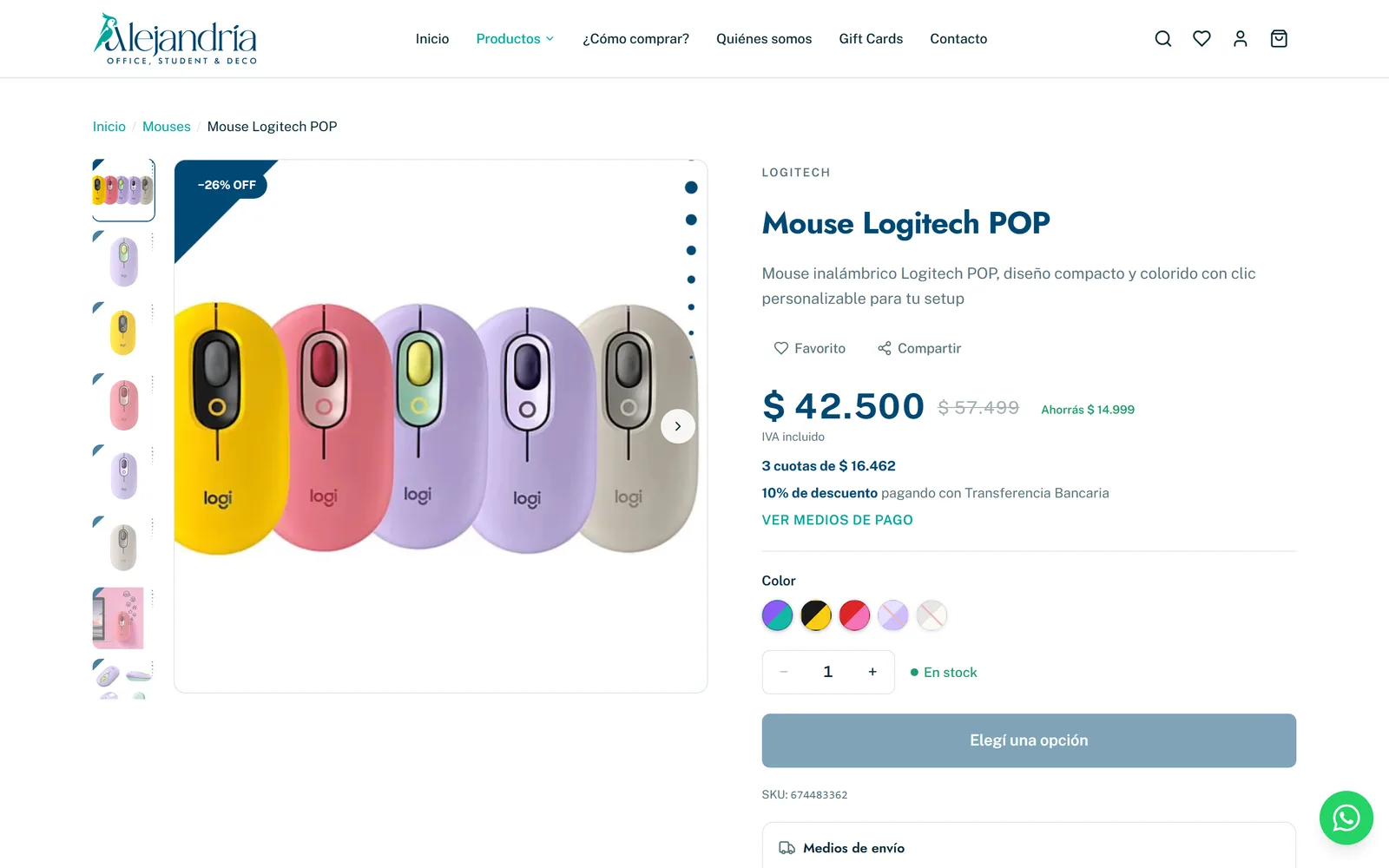 Ficha del Mouse Logitech POP en la tienda: precio con descuento de 26 %, precio de lista tachado, cuánto ahorrás, 3 cuotas, 10 % de descuento pagando con transferencia y selector de color.